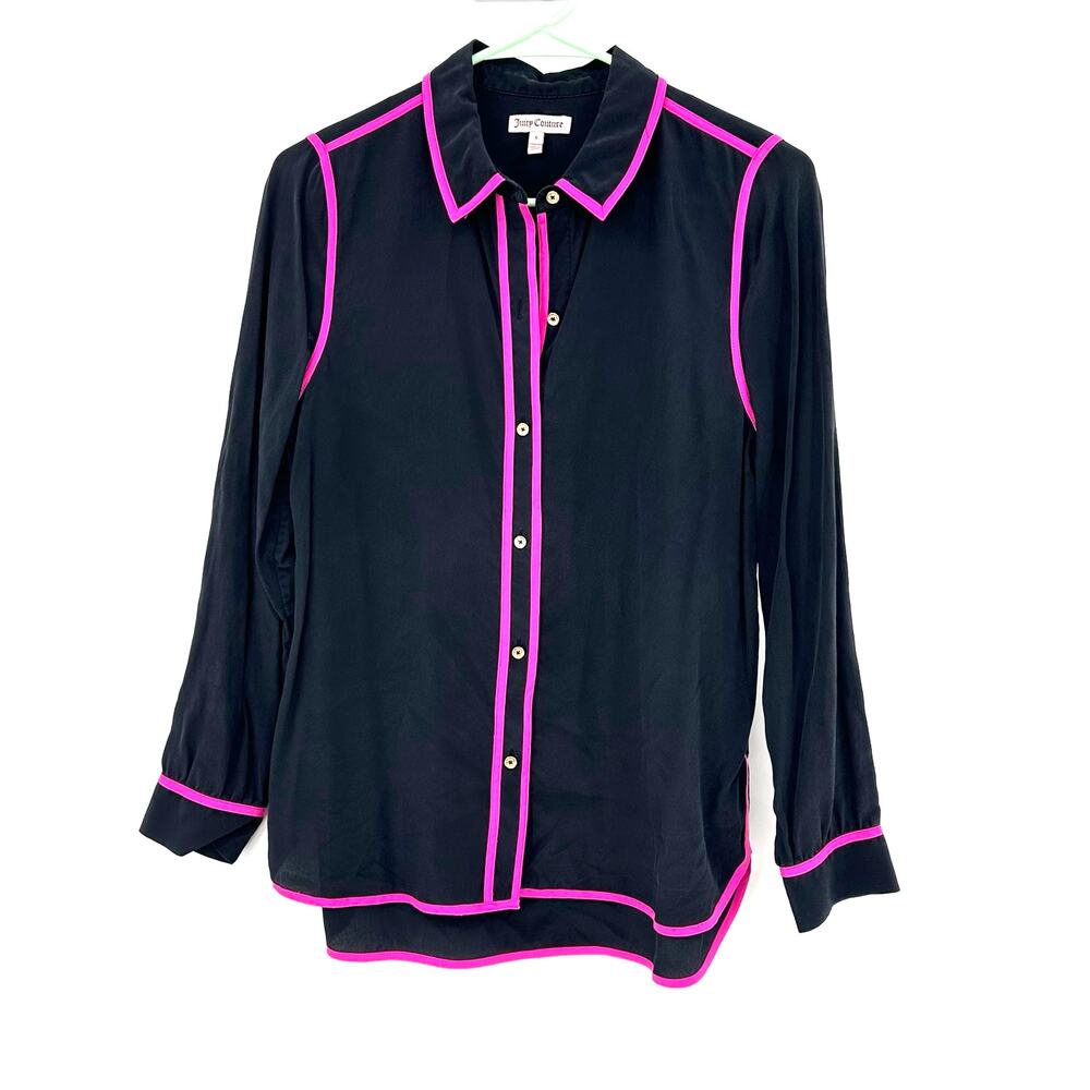 Juicy Couture Size Small Long Sleeve Button Up Blouse Black Pink Piping Silk